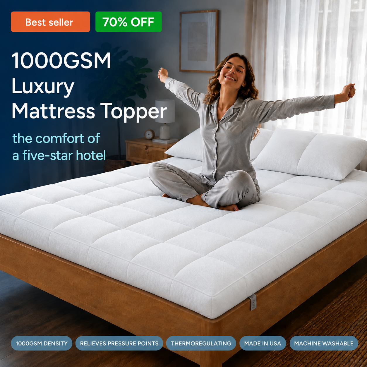 Linen&Rose - Premium 1000 GSM Luxury Quilted Mattress Topper